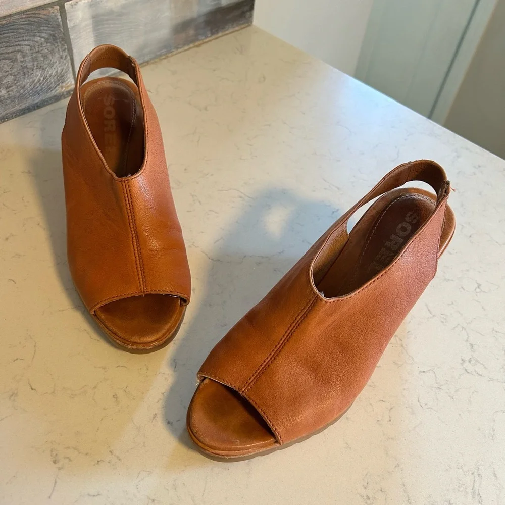 Sorel Nadia Camel Brown Leather Slingbacks Wedge Heeled Sandals - Picture 8 of 16